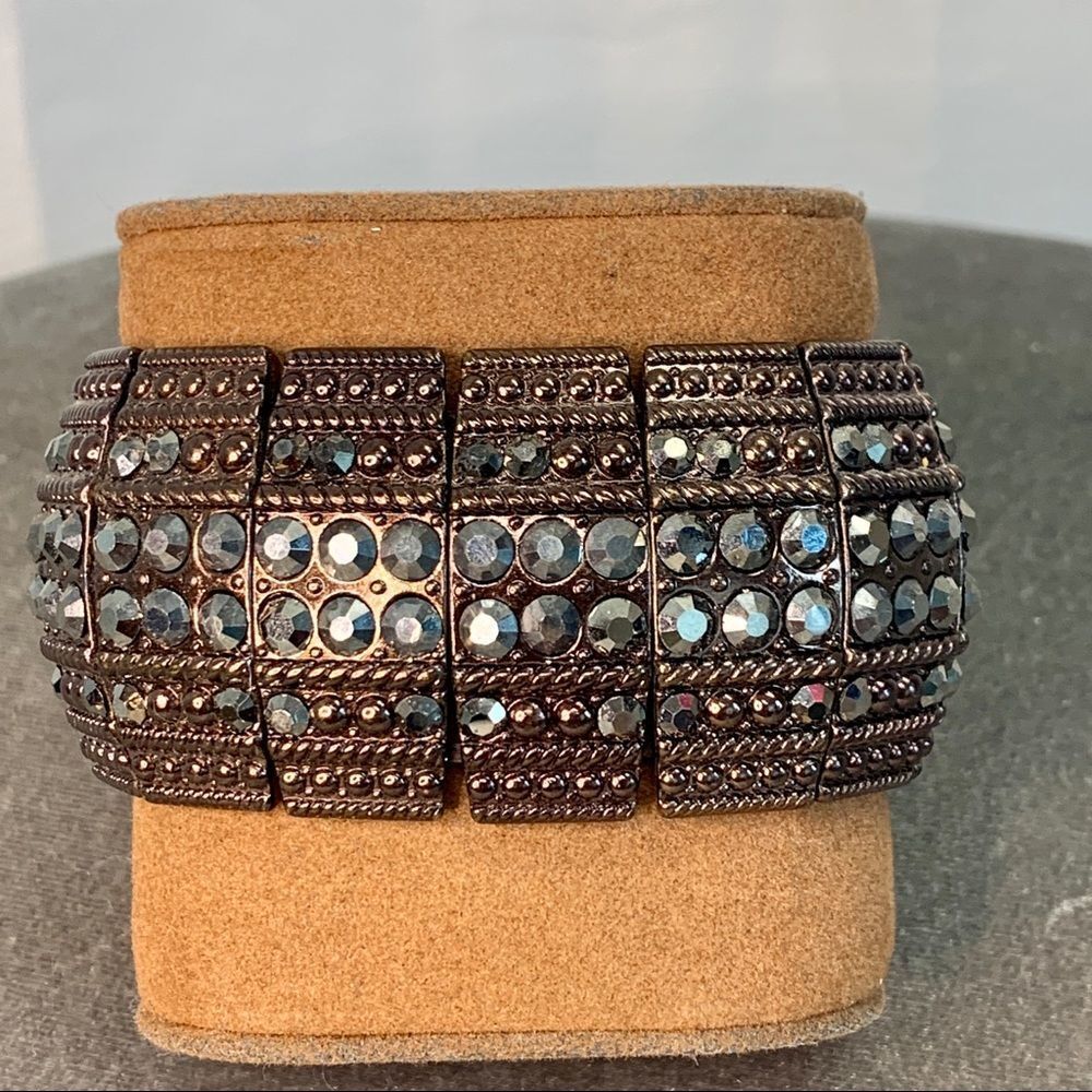 𝅺BRONZE brown chrome crystal rhinestone stretchy thick statement bracelet